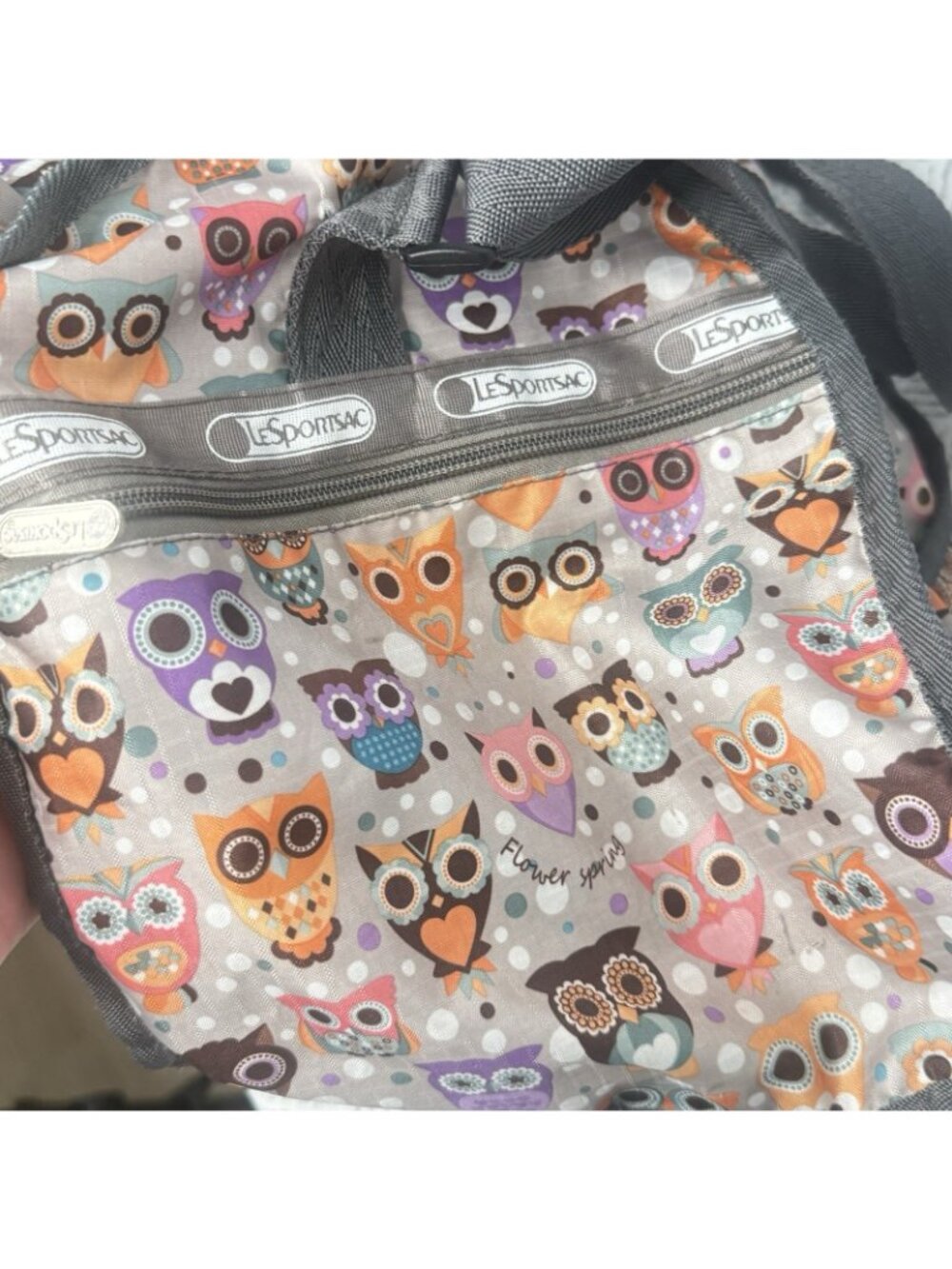 LeSportsac Weekender Travel Bag Duffel Hoot Owl Gray Pink Orange Lightweight - Picture 10 of 11